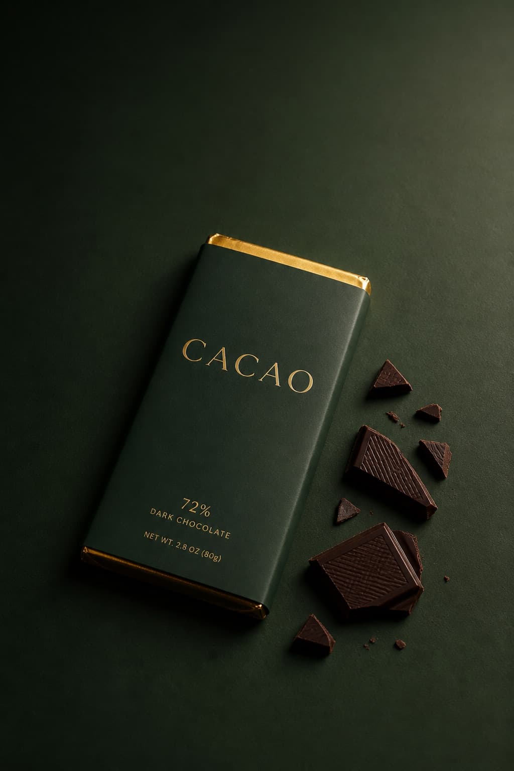 Single product on deep green with a shard of its contents
