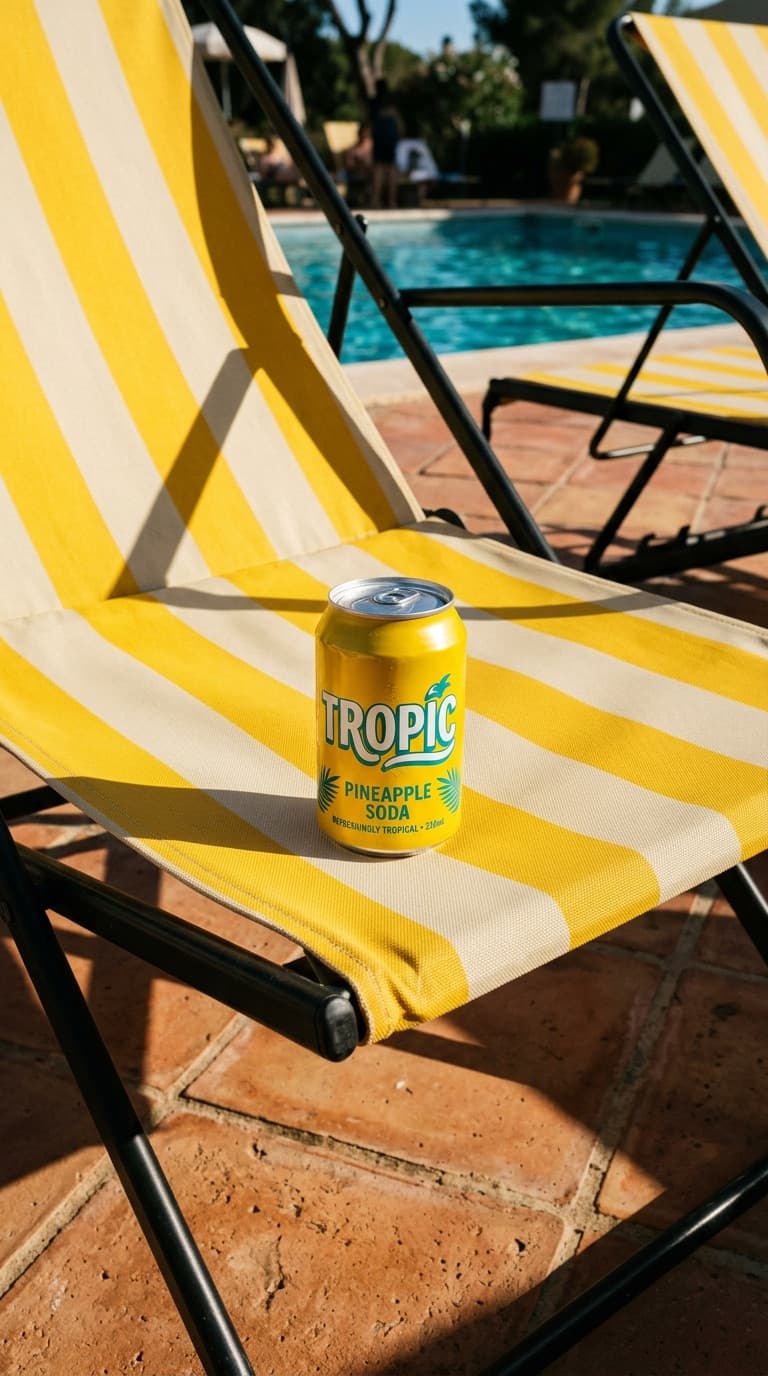 Product on a striped sun lounger in hard afternoon light