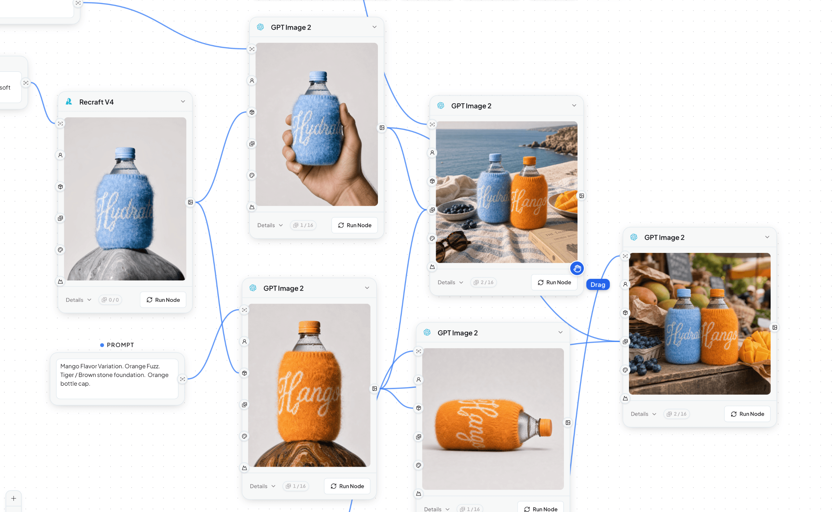 Caite Pipelines canvas generating Hydrate and Mango fuzzy-sleeve bottle shots from linked prompt and image nodes.