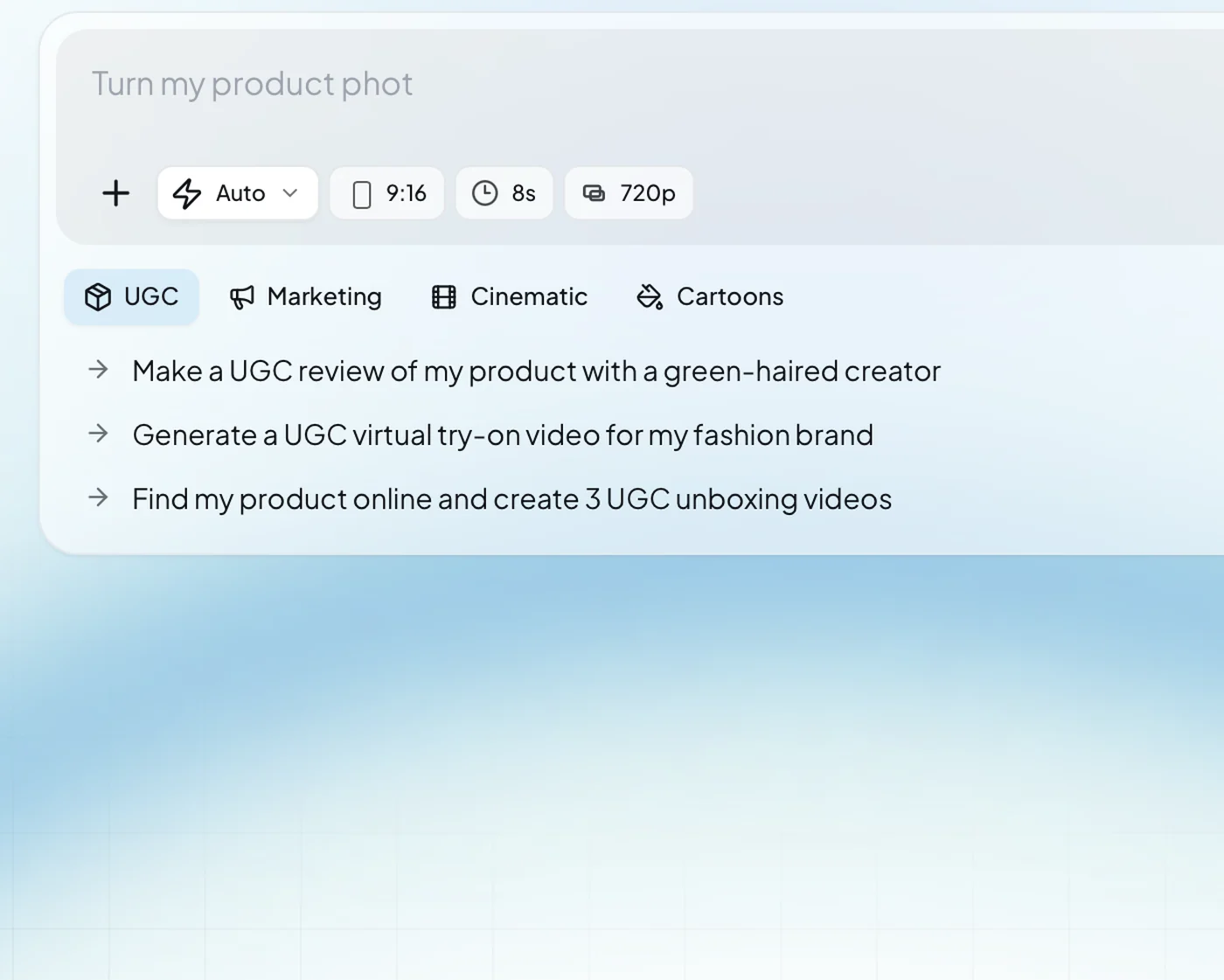 Caite's Composer prompt bar, with format controls and suggested UGC, marketing and cinematic briefs.