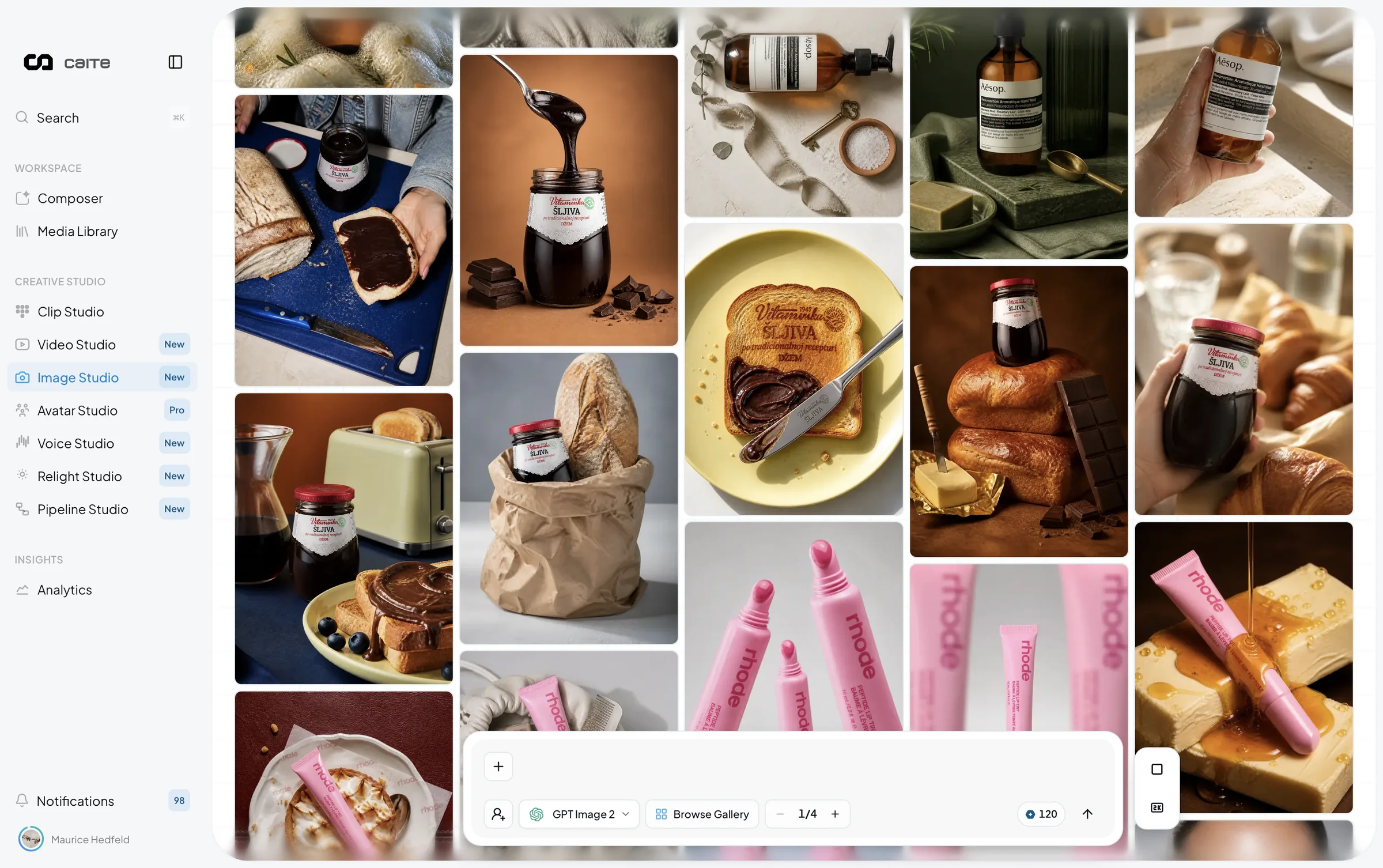 Caite Studios: the Image Studio media library, a wall of generated product shots with the generate bar docked at the bottom.