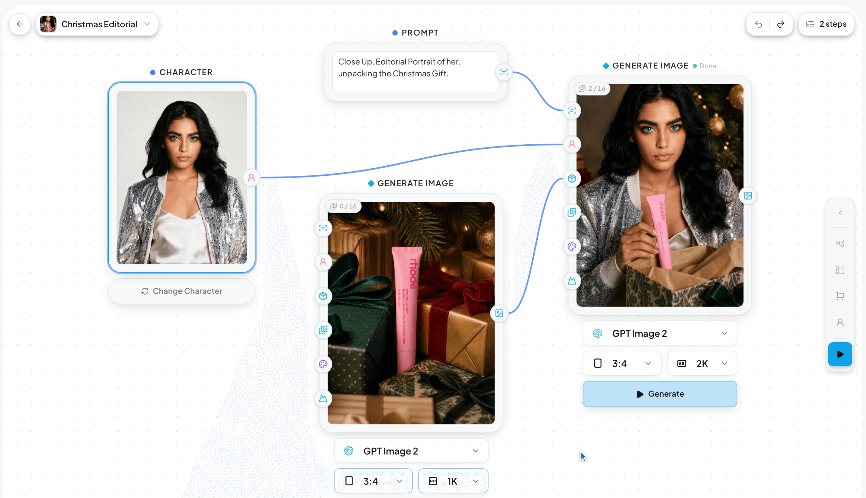 Caite Pipelines canvas generating on brand product imagery from linked input nodes.